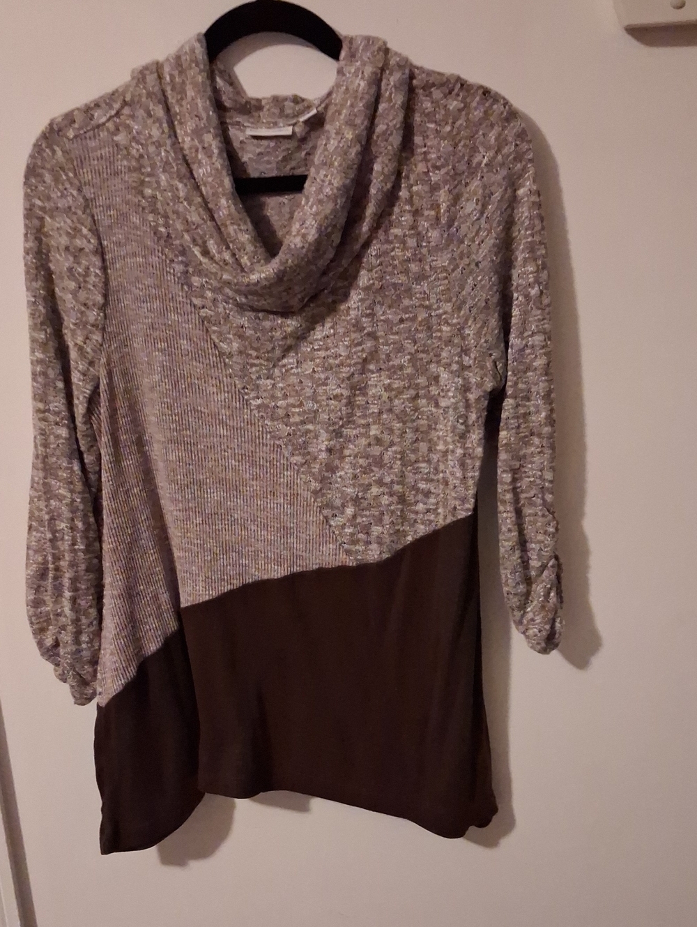 Kim Rogers Mixed Knit Cowl Neck Sweater in Gray and Brown